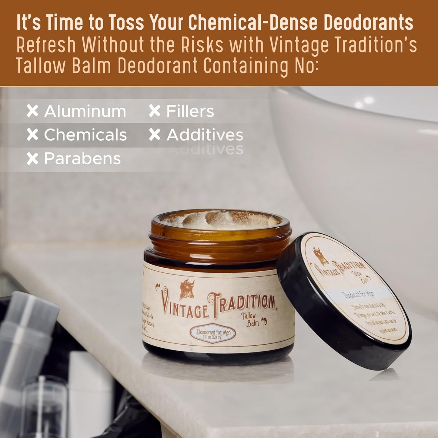 Beef Tallow Mens Natural Deodorant – 2 Fl. Oz. Travel Size Deodorant with Olive Oil, Fir Tree and Thyme Essential Oil Blend – Aluminum- and Chemical-Free Underarm Balm