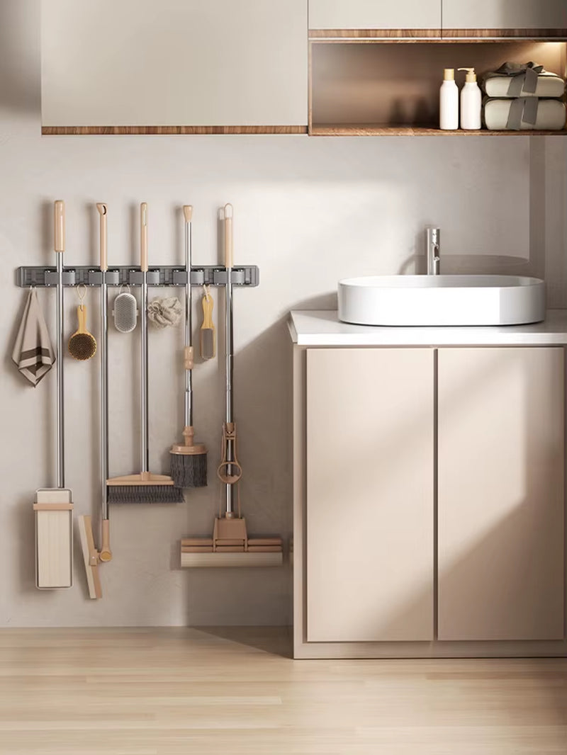 Non Perforated Mop Rack Iron Wall Mounted Mop Broom Storage Rack Home Storage and Storage Shelf Multi Scenario Use